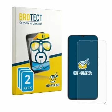 Front side of a product packaging with the brand logo BROTECT. Next to it is the device realme C100i shown with the correspond