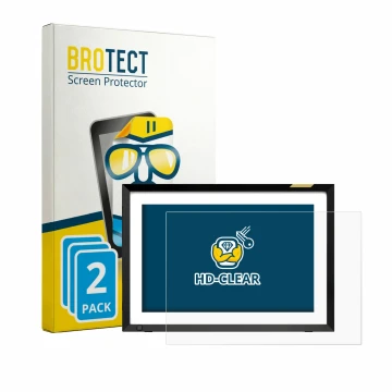 Front side of a product packaging with the brand logo BROTECT. Next to it is the device Nixplay Klassischer 10.1