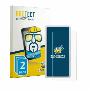 Front side of a product packaging with the brand logo BROTECT. Next to it is the device PocketBook Q shown with the correspond