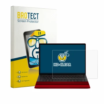 Front side of a product packaging with the brand logo BROTECT. Next to it is the device HP Scuderia Ferrari Notebook shown wit