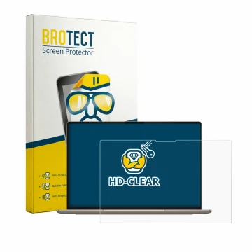 Front side of a product packaging with the brand logo BROTECT. Next to it is the device Dell XPS Googlebook shown with the cor