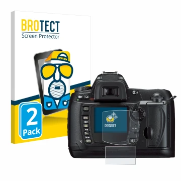 Front side of a product packaging with the brand logo BROTECT. Next to it is the device Nikon D70 shown with the corresponding