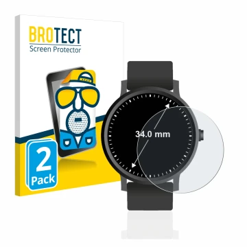 Front side of a product packaging with the brand logo BROTECT. Next to it is the device Watches (Circular, ø: 34 mm) shown wit