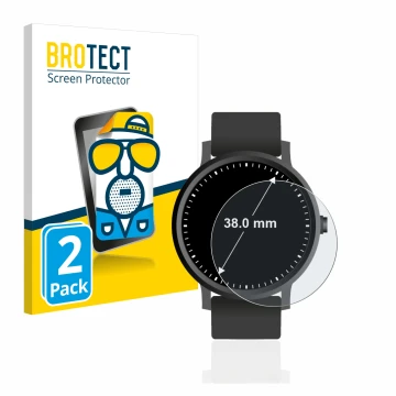 Front side of a product packaging with the brand logo BROTECT. Next to it is the device Watches (Circular, ø: 38 mm) shown wit