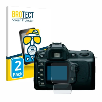 Front side of a product packaging with the brand logo BROTECT. Next to it is the device Nikon D50 shown with the corresponding