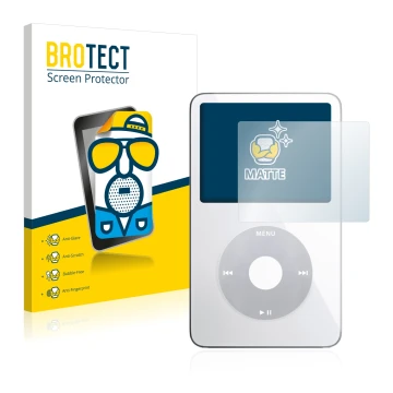 Front side of a product packaging with the brand logo BROTECT. Next to it is the device Apple iPod classic video Display (5th.