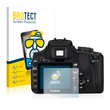 Front side of a product packaging with the brand logo BROTECT. Next to it is the device Canon EOS 400D shown with the correspo