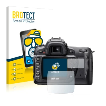 Front side of a product packaging with the brand logo BROTECT. Next to it is the device Nikon D80 shown with the corresponding