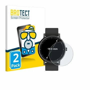 Front side of a product packaging with the brand logo BROTECT. Next to it is the device Watches (Circular, ø: 19 mm) shown wit
