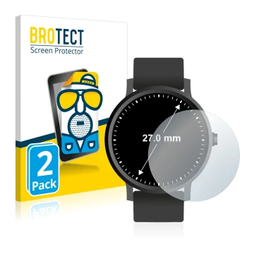 Front side of a product packaging with the brand logo BROTECT. Next to it is the device Watches (Circular, ø: 27 mm) shown wit