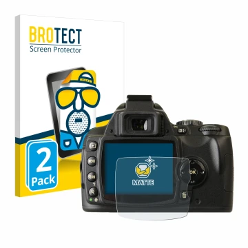 Front side of a product packaging with the brand logo BROTECT. Next to it is the device Nikon D40x shown with the correspondin