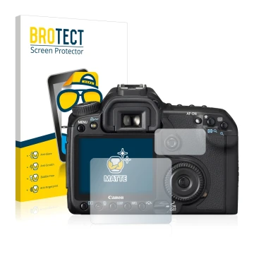 Front side of a product packaging with the brand logo BROTECT. Next to it is the device Canon EOS 40D shown with the correspon