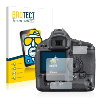 Front side of a product packaging with the brand logo BROTECT. Next to it is the device Canon EOS 1Ds Mark III shown with the 