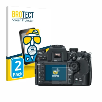 Front side of a product packaging with the brand logo BROTECT. Next to it is the device Konica Minolta Dynax 7D shown with the