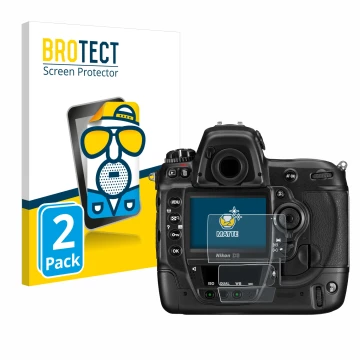 Front side of a product packaging with the brand logo BROTECT. Next to it is the device Nikon D3 shown with the corresponding 