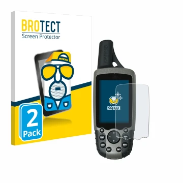 Front side of a product packaging with the brand logo BROTECT. Next to it is the device Garmin GPSMAP 60CSx shown with the cor