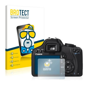Front side of a product packaging with the brand logo BROTECT. Next to it is the device Canon EOS 450D shown with the correspo