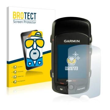 Front side of a product packaging with the brand logo BROTECT. Next to it is the device Garmin Edge 705 shown with the corresp