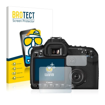 Front side of a product packaging with the brand logo BROTECT. Next to it is the device Canon EOS 50D shown with the correspon