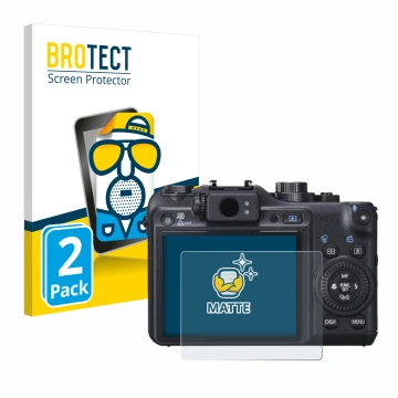 Front side of a product packaging with the brand logo BROTECT. Next to it is the device Canon PowerShot G10 shown with the cor
