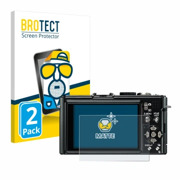 Front side of a product packaging with the brand logo BROTECT. Next to it is the device Leica D-Lux 4 shown with the correspon