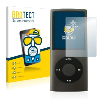 Front side of a product packaging with the brand logo BROTECT. Next to it is the device Apple iPod nano (4th Gen.) shown with 