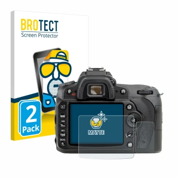 Front side of a product packaging with the brand logo BROTECT. Next to it is the device Nikon D90 shown with the corresponding