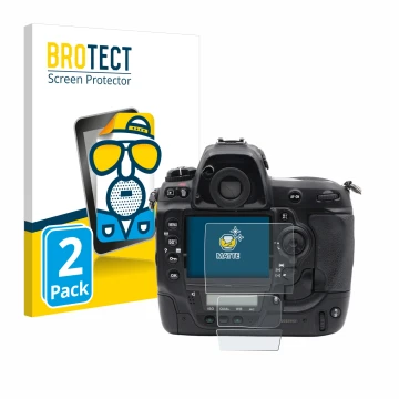 Front side of a product packaging with the brand logo BROTECT. Next to it is the device Nikon D3x shown with the corresponding