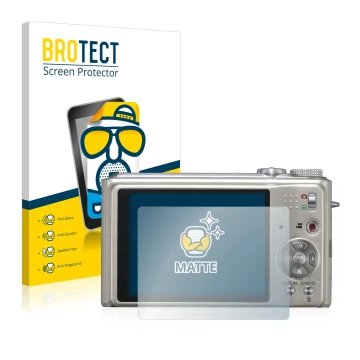 Front side of a product packaging with the brand logo BROTECT. Next to it is the device Panasonic Lumix DMC-TZ7 shown with the