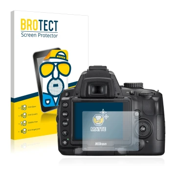 Front side of a product packaging with the brand logo BROTECT. Next to it is the device Nikon D5000 shown with the correspondi