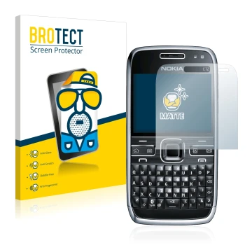 Front side of a product packaging with the brand logo BROTECT. Next to it is the device Nokia E72 shown with the corresponding