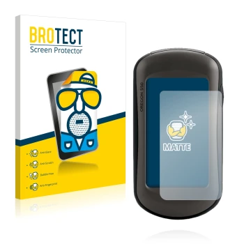 Front side of a product packaging with the brand logo BROTECT. Next to it is the device Garmin Oregon 550 shown with the corre