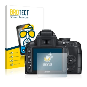 Front side of a product packaging with the brand logo BROTECT. Next to it is the device Nikon D3000 shown with the correspondi