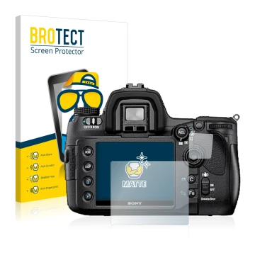 Front side of a product packaging with the brand logo BROTECT. Next to it is the device Sony Alpha 850 (DSLR-A850) shown with 
