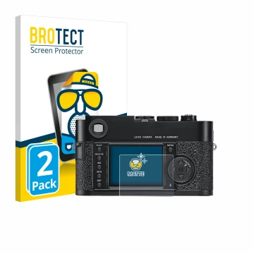 Front side of a product packaging with the brand logo BROTECT. Next to it is the device Leica M9 shown with the corresponding 