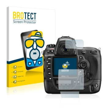 Front side of a product packaging with the brand logo BROTECT. Next to it is the device Nikon D3S shown with the corresponding