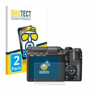 Front side of a product packaging with the brand logo BROTECT. Next to it is the device Ricoh GXR shown with the corresponding
