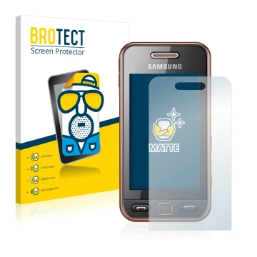 Front side of a product packaging with the brand logo BROTECT. Next to it is the device Samsung GT-S5230 shown with the corres