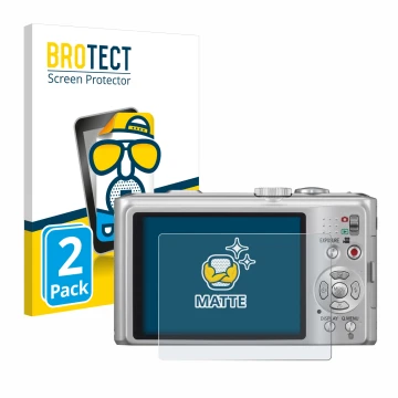 Front side of a product packaging with the brand logo BROTECT. Next to it is the device Panasonic Lumix DMC-TZ10 shown with th