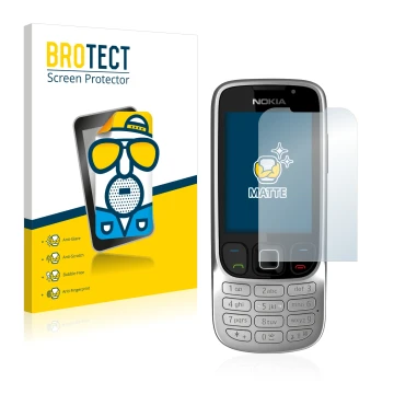 Front side of a product packaging with the brand logo BROTECT. Next to it is the device Nokia 6303i classic shown with the cor