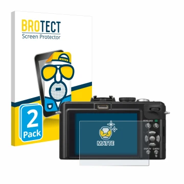 Front side of a product packaging with the brand logo BROTECT. Next to it is the device Panasonic Lumix DMC-LX5 shown with the