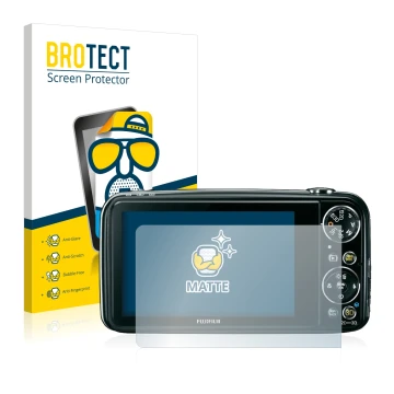 Front side of a product packaging with the brand logo BROTECT. Next to it is the device Fujifilm FinePix Real 3D W3 shown with