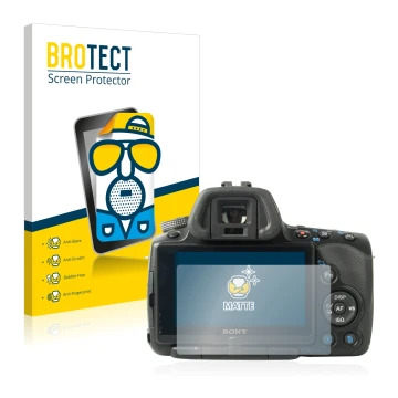 Front side of a product packaging with the brand logo BROTECT. Next to it is the device Sony Alpha 55 (SLT-A55V) shown with th