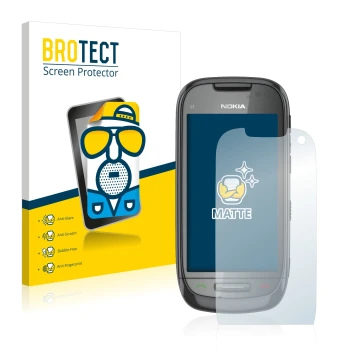 Front side of a product packaging with the brand logo BROTECT. Next to it is the device Nokia C7-00 shown with the correspondi