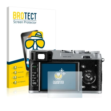 Front side of a product packaging with the brand logo BROTECT. Next to it is the device Fujifilm FinePix X100 shown with the c