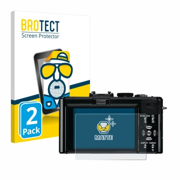 Front side of a product packaging with the brand logo BROTECT. Next to it is the device Leica D-Lux 5 shown with the correspon