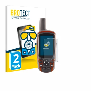 Front side of a product packaging with the brand logo BROTECT. Next to it is the device Garmin GPSMAP 62s shown with the corre