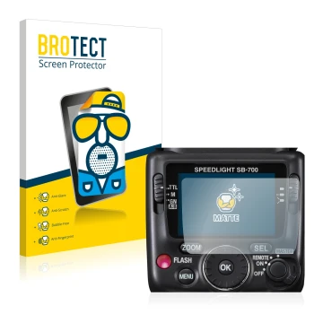 Front side of a product packaging with the brand logo BROTECT. Next to it is the device Nikon SB-700 shown with the correspond