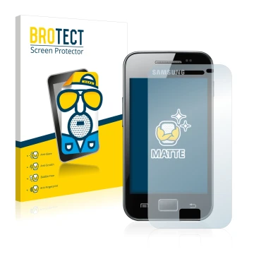 Front side of a product packaging with the brand logo BROTECT. Next to it is the device Samsung Galaxy Ace S5830 shown with th