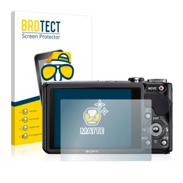Front side of a product packaging with the brand logo BROTECT. Next to it is the device Sony Cyber-Shot DSC-HX9V shown with th
